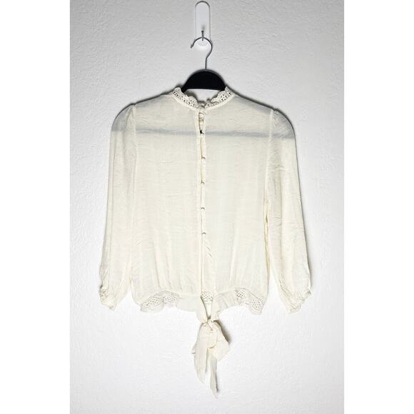 Sweet Wanderer Women's Cropped Sheer Beige Blouse Ruffle Whimsy Feminine Prairie - Picture 2 of 8